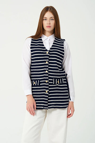 Hatun Atila Hatunatila Striped Knitwear Vest 7707 Navy Blue