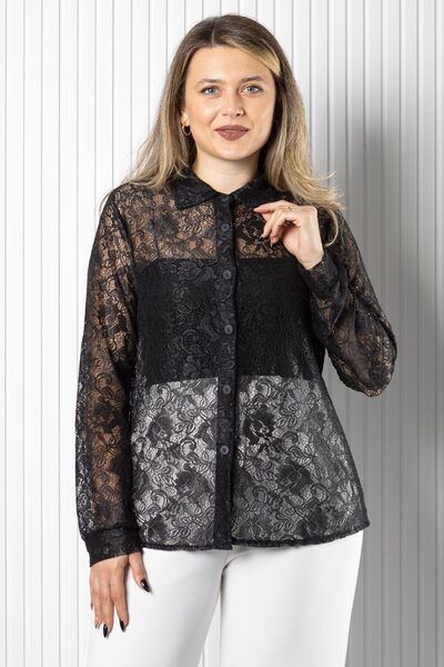 SUBU TASARIM Δαντελένιο διάφανο γυναικείο πουκάμισο με κουμπιά TBS988