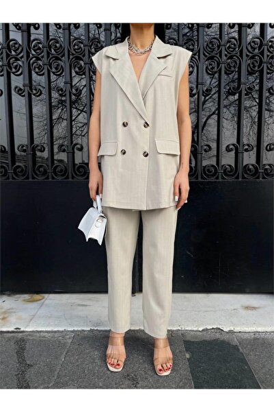 Kanonik Education Striped Long Vest - Pants Suit Polvi̇scon - Beige