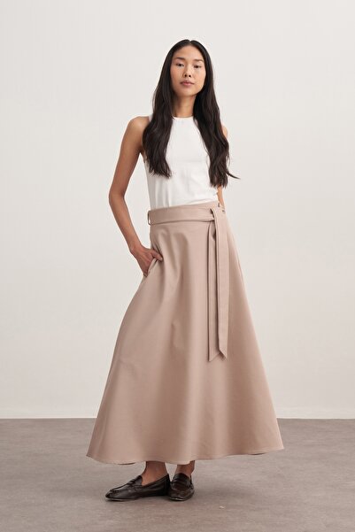 EBU Prive Women's Gabardine Belted Flared Skirt Beige