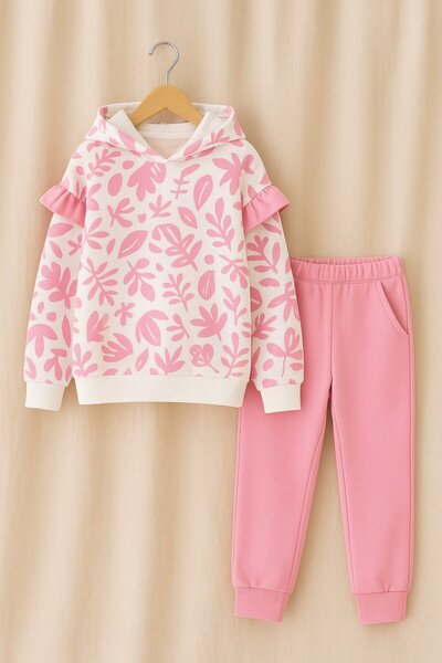 Yalçınoğlu Kids Girl's Hooded Piece Tracksuit Set Pink Patterned Bottom Top Set 3-9 Years Old