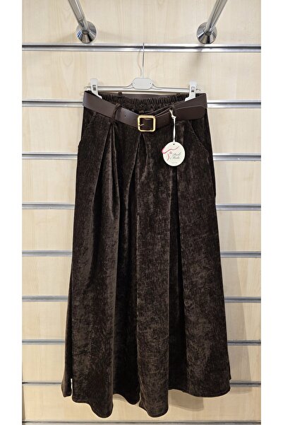 Park Moda Pantaloni din catifea cu picioare largi cu centura