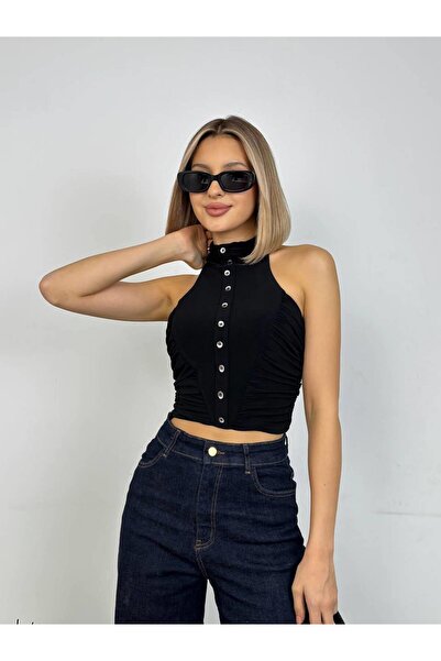Coral Boyundan Askılı Büzgülü Kolsuz Bluz 20119 Siyah