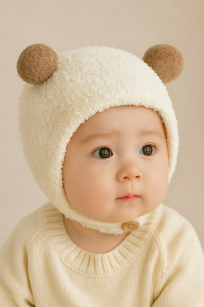 Katia&Bony Pompom Plush Baby Beanie Ecru