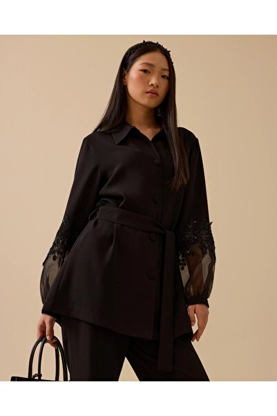 SEÇİL YENİ KADIN nakış işlemeli kol detaylı kuşaklı ceket 10002521111004