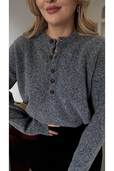 Sezgi Tekin Button Detail Soft Textured Melange Gray Sweater