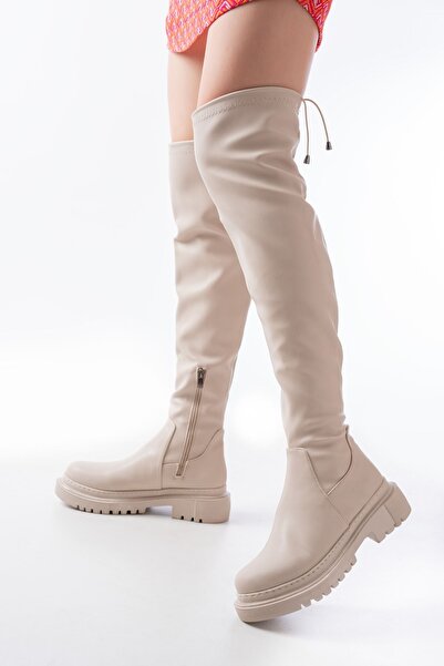 Budi 812-2194 Beige Zippered Over-The-Knee Lace-Up Socks Daily Women's Boots