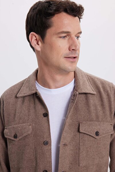 Tudors Men's Regular Fit Relaxed Fit Double Pocket Flap Snap Button Light Brown Shirt