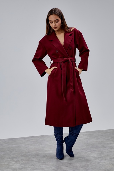 Bolivente Burgundy Double-Breasted Closure Waist-Tied Wide Fit Cashmere Coat