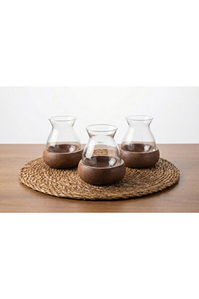 kaya ve demir 3-Piece Borosilicate Glass Tea Presentation Set with Wooden Base and Straw Mat (7 Pieces)