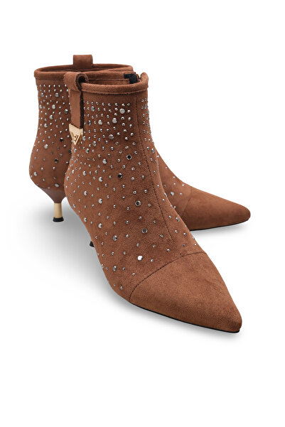 Women Lay-z Women's Tan Suede Pointed Toe 5 cm Heeled, Stylish Boots with Sparkling Stone Detail — Elegance and Comfort in One.