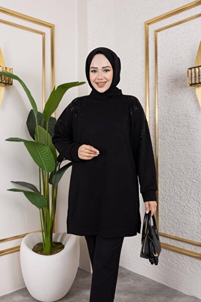 Butik Bisklet yaka kolu siyah taş detaylı tunik
