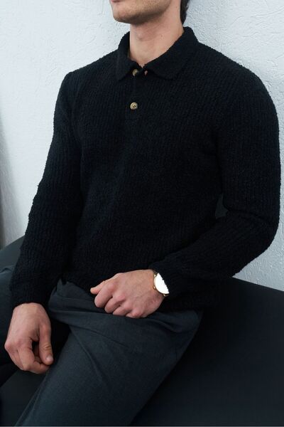TÜZeMEN Collared Buttoned Knitted Sweater