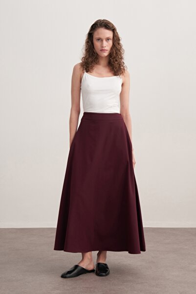 EBU Prive Women's Gabardine Belted Flared Skirt Dark Plum