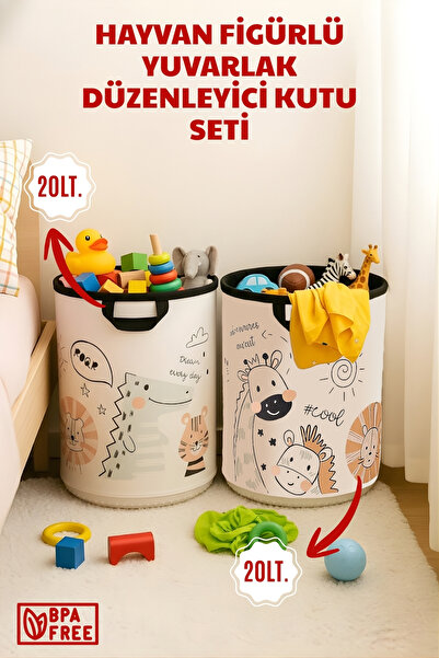 Nandy Home 2'li Set Hayvan Figürlü Yuvarlak Düzenleyici Sepet Set - 20L– Büzg...