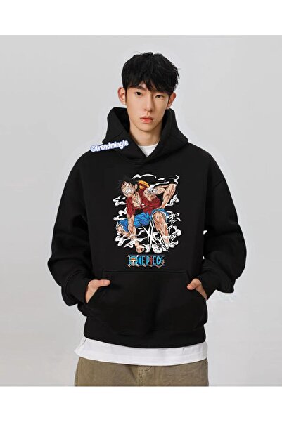 DEEFWEAR Hanorac negru One Piece Monkey D. Luffy cu imprimeu supradimensionat...