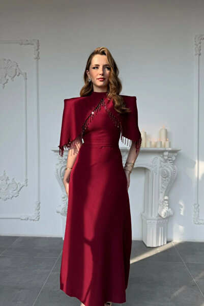 HELİS BUTİK Special Design Burgundy Evening Dress with Stone Work Detail