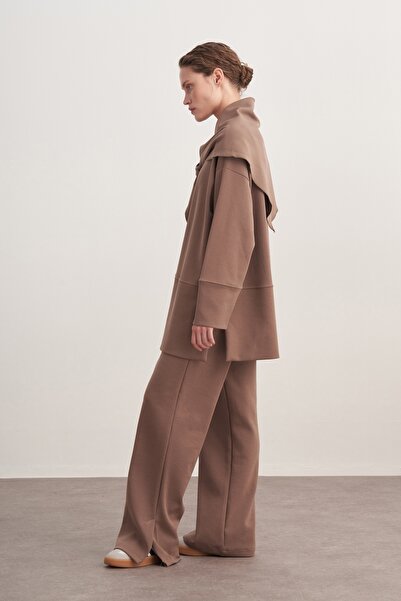 EBU Prive Дамски шал с аксесоари, изработен от интерлок, в цвят кафе