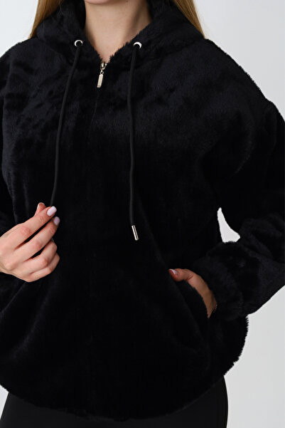 İntensive Black Hooded Zipper Pocket Plush Long Sleeve Women's Cardigan