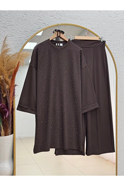 MİHRA STORE Fallon Tunic with Stone Detail Pants Set-Ma5888 Brown