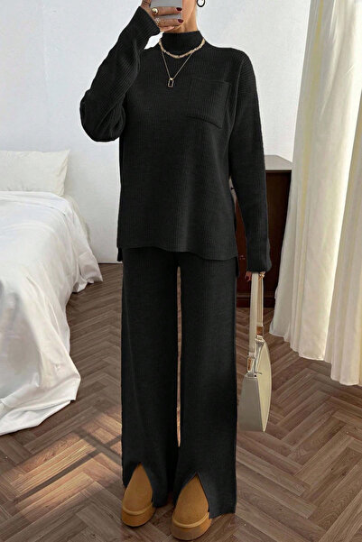 H&E LUXURY DESIGN Set dublu de tricotaje negre pentru femei – guler înalt, Y cu fantă picior lat