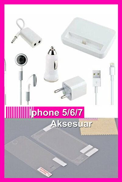 Bundera iPhone 5/6/7 Aksesuar Şarj Aleti Seti Şarj Kablosu Kulaklık Usb Kablo Araç Çakmaklık Girişi Şarjı