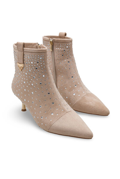 Women Lay-z Women's Beige Suede Pointed Toe 5 cm Heel Modern Stone Detailed Stylish Ankle Boots