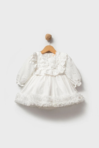 aysskids Aster White Long Sleeve Lace Detailed Skirted Girl's Baby Special Occasion Holiday Dress