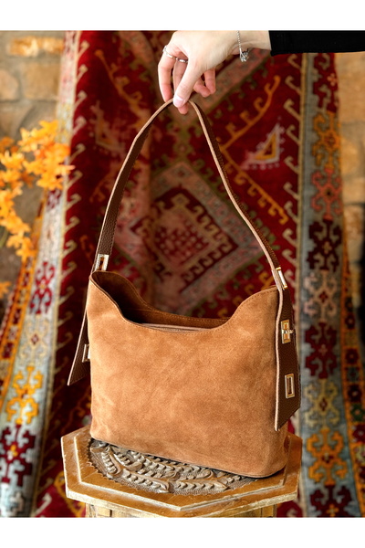 Blackbird Luxe Arden Hakiki Deri Süet Taba Renk Kadın El ve Omuz Çantası Şık,...