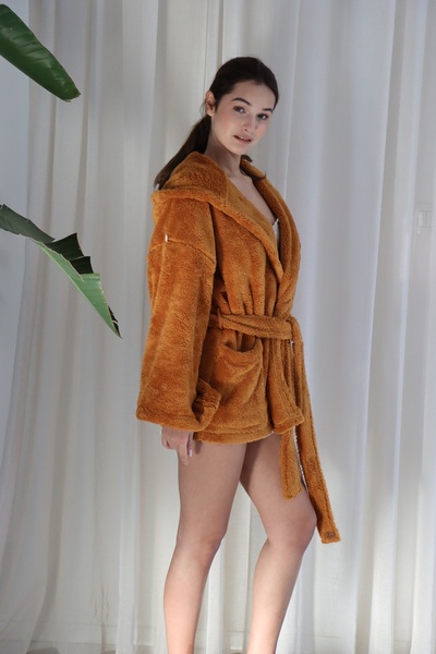 CAKKATEX Wellsoft Plush Extra Soft Hooded Short Dressing Gown with Pocket Detail