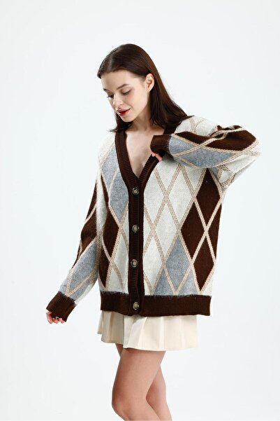 dgs look Colorful Fleece-Lined Diamond Patterned Oversized Button Knitwear Women's Cardigan Brown