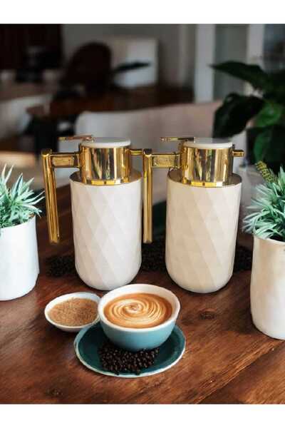 Alsaif Gallery Luxury thermos with pouring spout – elegant diamond design in white and gold – 1 liter capacity