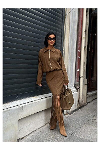 Coral Beli Lastikli Fermuarlı Süet Ceket 251852 Kahve