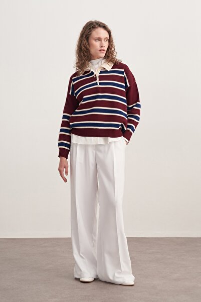 EBU Prive Women's Striped Collar Knitwear Sweater Burgundy