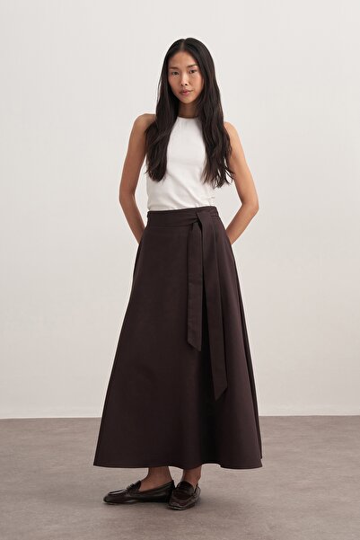 EBU Prive Women's Gabardine Belted Flared Skirt Brown