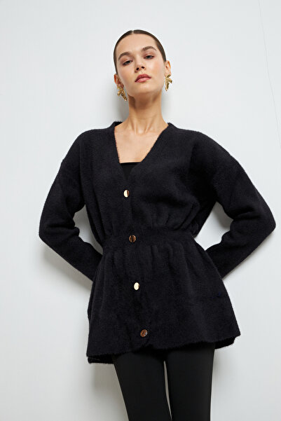 Yefrastore Women's Black Gold Button Detailed Soft Cardigan