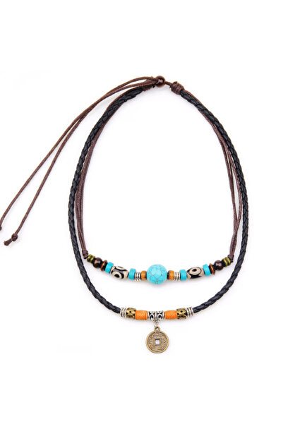 CRM Retro Leather Necklace, CRM, 2 Layers, Unisex, Multicolor