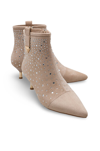 Women Lay-z Women's Beige Suede Pointed Toe 5 cm Heel Modern Stone Detailed Stylish Ankle Boots