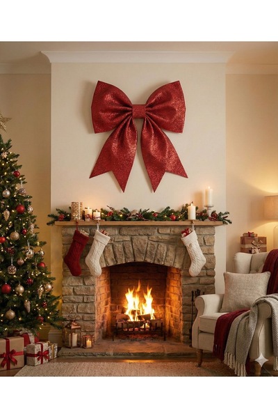 Çemrek Süs Parti Ornament pentru ușă de Anul Nou cu fundă roșie argintie Ornament de perete 65 cm 1 bucată Fundă mare roșie