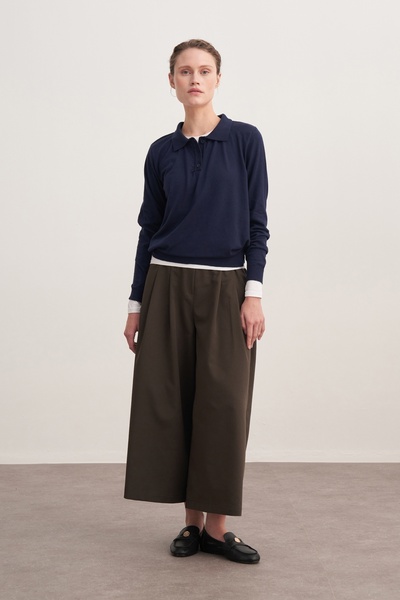 EBU Prive Women's Gabardine Double Pleated Trousers Dark Khaki