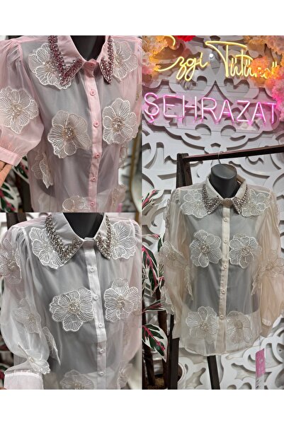 ŞEHRAZAT BUTİK Floral Design Shirt with Collar Stone Detail