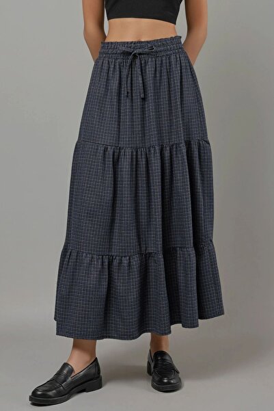 Hiccup Fusta maxi cu model pătrat, cu talie elastică, cu șireturi, în straturi