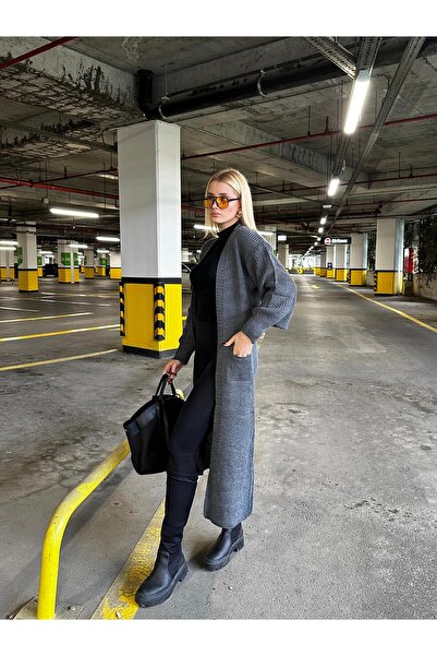 FİOXCO Vox Double Pocket Balloon Sleeve Maxi Length Wool Knit Cardigan