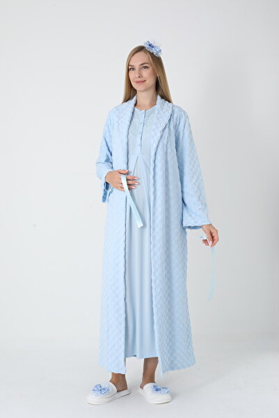 BLACKMORE Women's Blue Shawl Collar Jacquard Long Sleeve Cotton Full Length Winter Maternity Nightgown-Robe Set