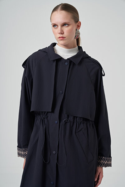 Nuss Hood and Lining Detail Cap Trench Coat Jacket 6033 Dark Navy Blue