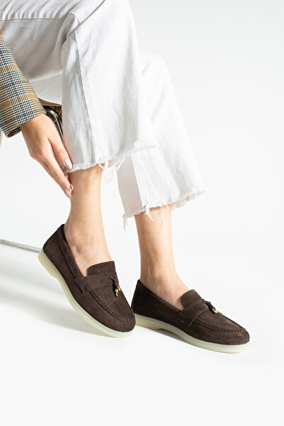 Polomia Comfort Women's Genuine Leather Suede Classic Non-Slip Sole Detail Gold Accessory Buckle Loafer Ballet Flats