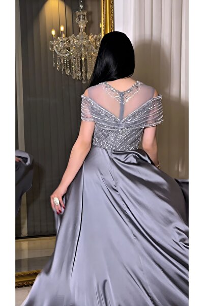 NHMODA Geometric Embroidered Satin Tail Fishtail Evening Dress with Tulle and Stone Stripe Shoulder Detail