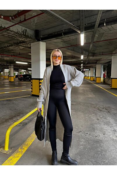 FİOXCO Vox Double Pocket Balloon Sleeve Maxi Length Wool Knit Cardigan