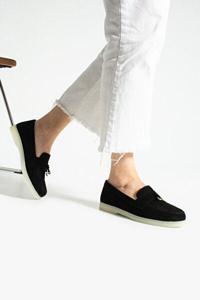 Polomia Comfort Women's Genuine Leather Suede Classic Non-Slip Sole Detail Gold Accessory Buckle Loafer Ballet Flats