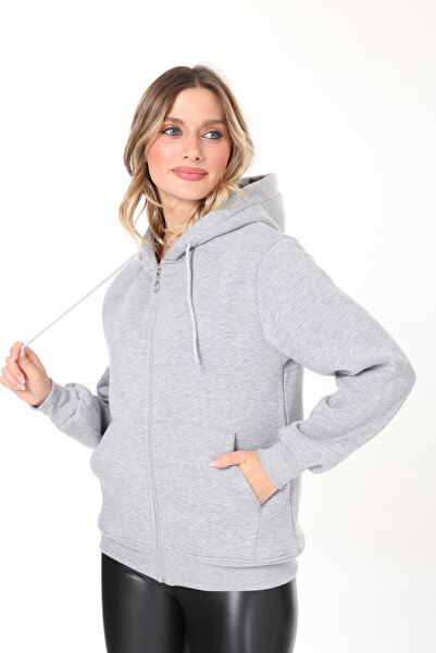 HEDEF DAİSY Women's Tops Hooded Kangaroo Pocket Zippered Three Thread Sh Fleece-Lined O Oversized Sweatshirt